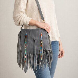 Fringed real leather crossbody bag/purse/messenger, beads, adjustable strap, EUC